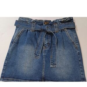 Angel Kiss Blue Denim A-Line Paperbag Waist Skirt with Tie Belt